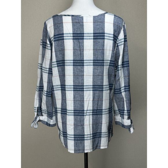 Liz Claiborne 3/4 Sleeve Tunic Blouse Top M Linen Cotton Blend Blue White Plaid - Picture 6 of 15